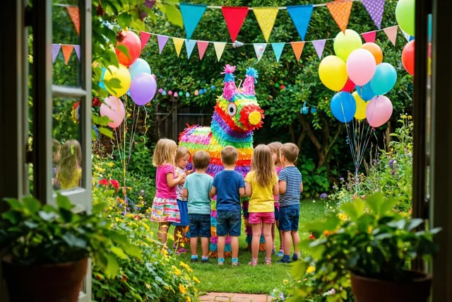 Kinderen, van achteren gezien, staan rond een kleurrijke papieren piñata in een tuin met veelkleurige vlaggetjes en ballonnen.