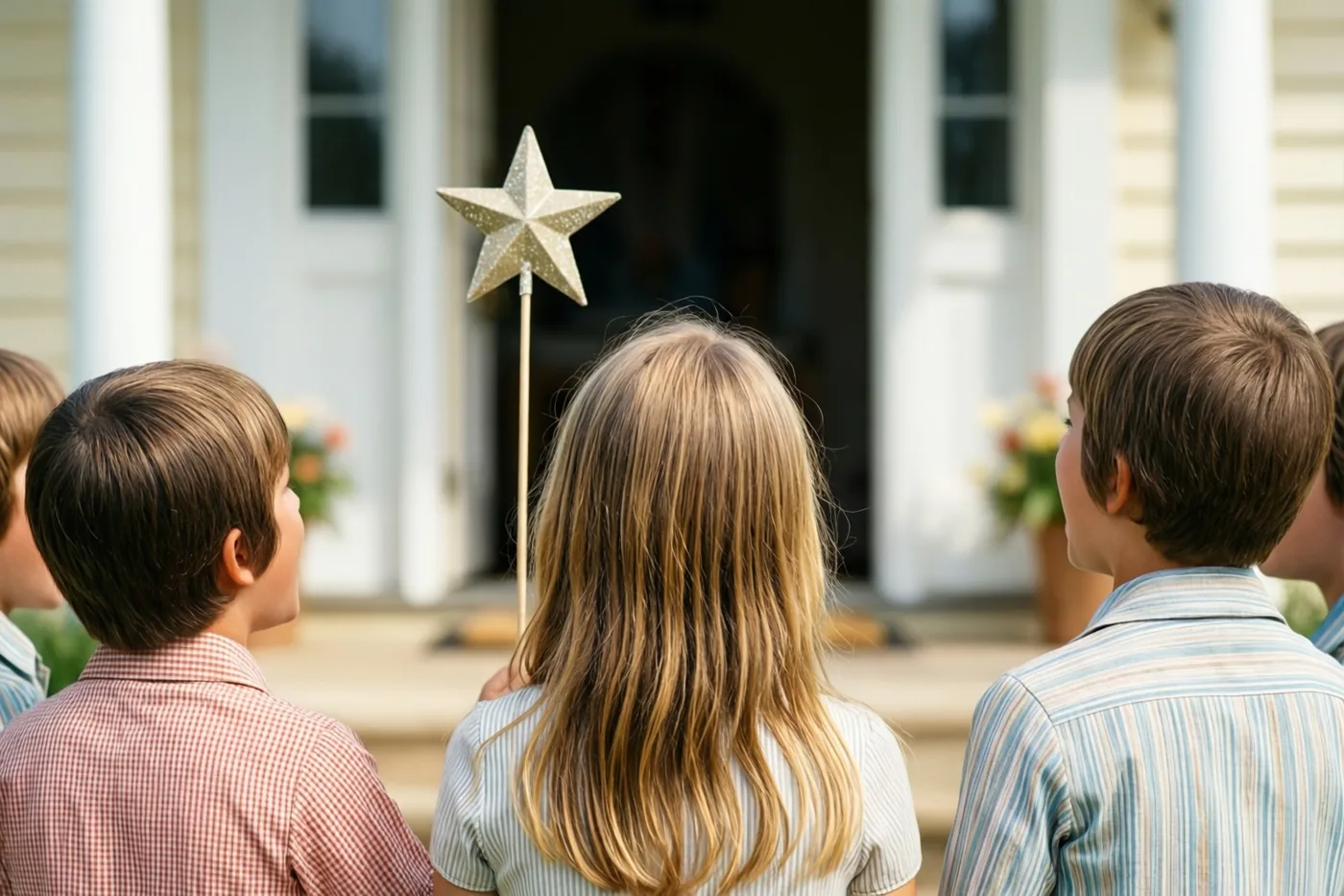 Kinderen staan met hun rug naar de camera voor een huis en kijken naar een ster op een stok op de veranda, in warm zonlicht.
