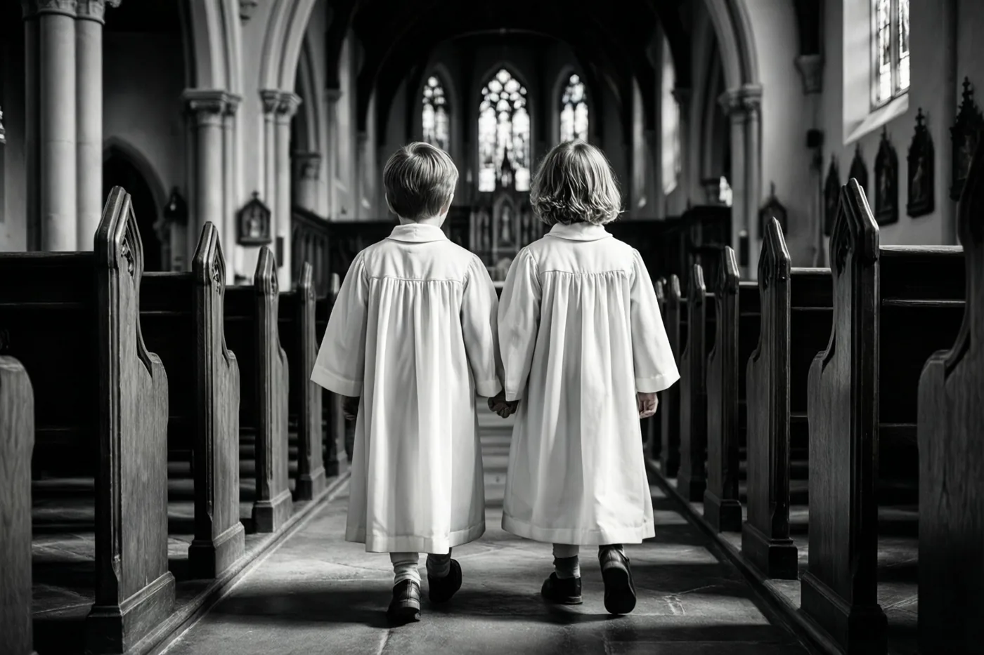Een zwart-witfoto toont twee kinderen in witte gewaden die hand in hand door het gangpad van een kerk lopen, gezien van achteren.