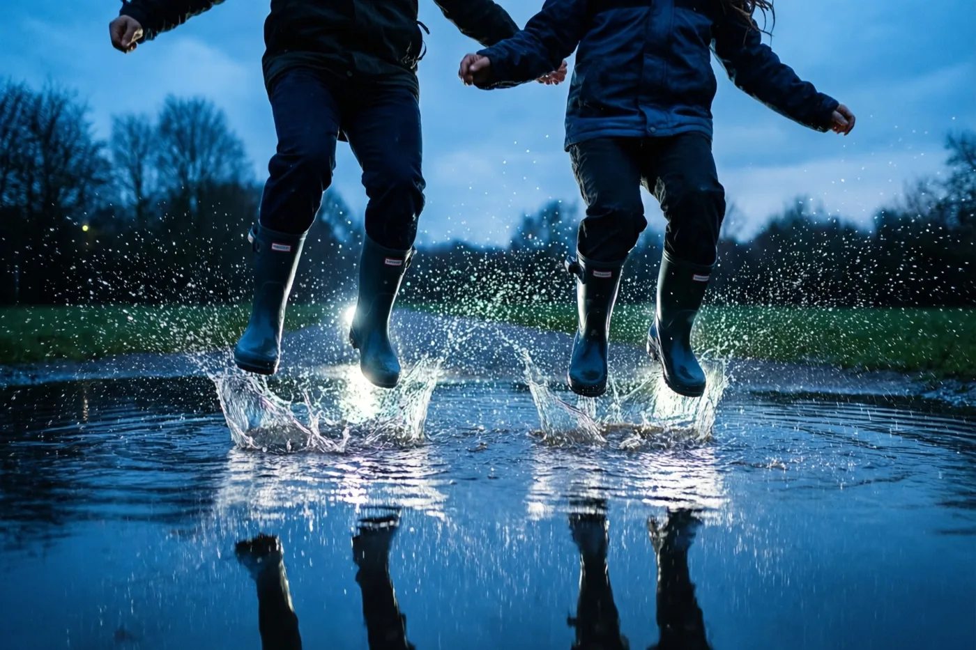 Twee kinderen in donkere regenjassen en zwarte rubberlaarzen springen met opspattend water in een plas bij schemering, met kale bomen en een blauwe lucht op de achtergrond.