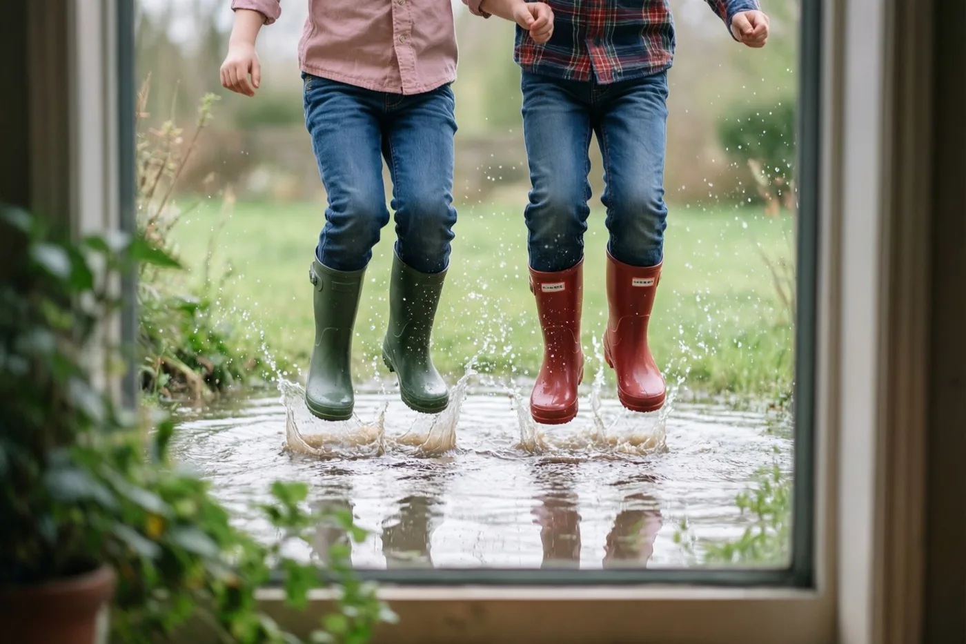 Door een raamkozijn zijn twee kinderen met rubberlaarzen te zien die over een modderplas springen in een grasveld.
