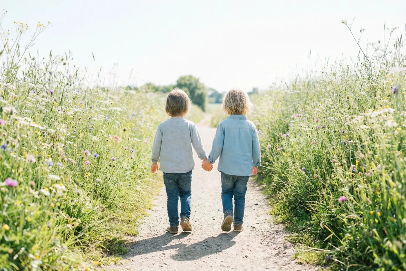 Twee kleine kinderen lopen hand in hand van de camera weg over een aarden pad tussen hoog gras en wilde bloemen, onder een heldere lucht.
