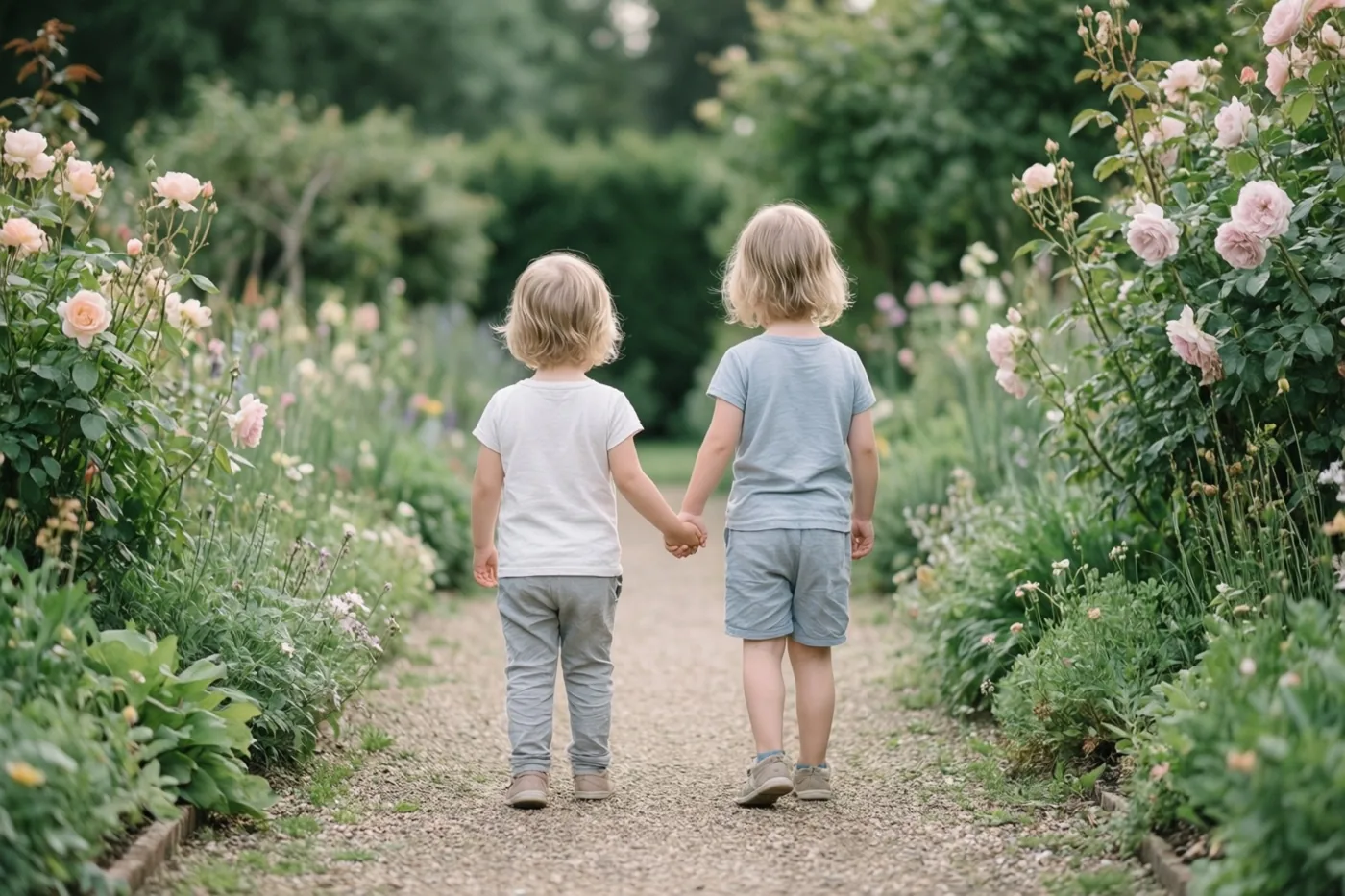 Twee kleine blonde kinderen lopen hand in hand over een grindpad in een tuin tussen weelderig groen en bloeiende roze rozen, gezien van achteren.