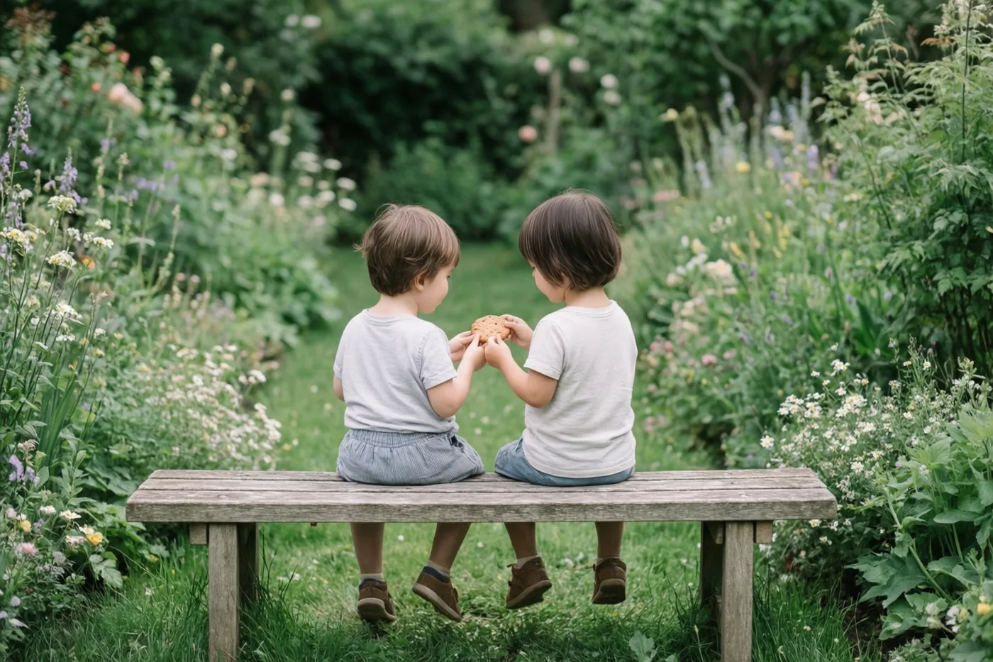 Twee jonge kinderen zitten met hun rug naar de kijker op een houten bank en delen een koekje tussen groene planten en wilde bloemen.