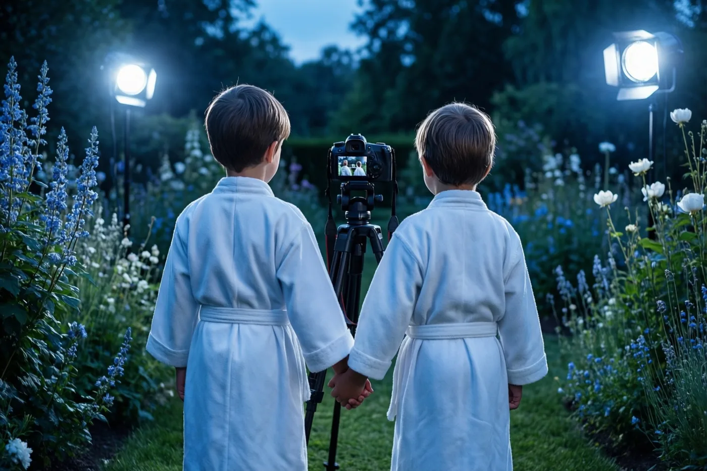 Twee jonge kinderen in witte gewaden houden elkaars hand vast en kijken naar een camera op een statief in een schemerige tuin met blauwe en witte bloemen, verlicht door studiolampen.