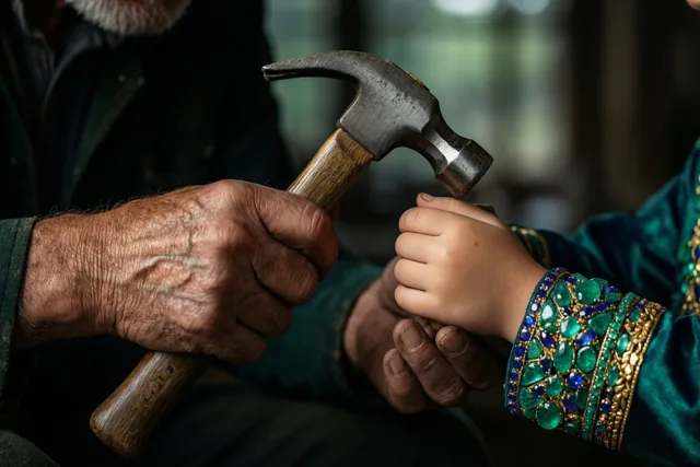 Een oudere mannenhand houdt een hamer vast terwijl een kinderhand met een armband met steentjes de steel omklemt.