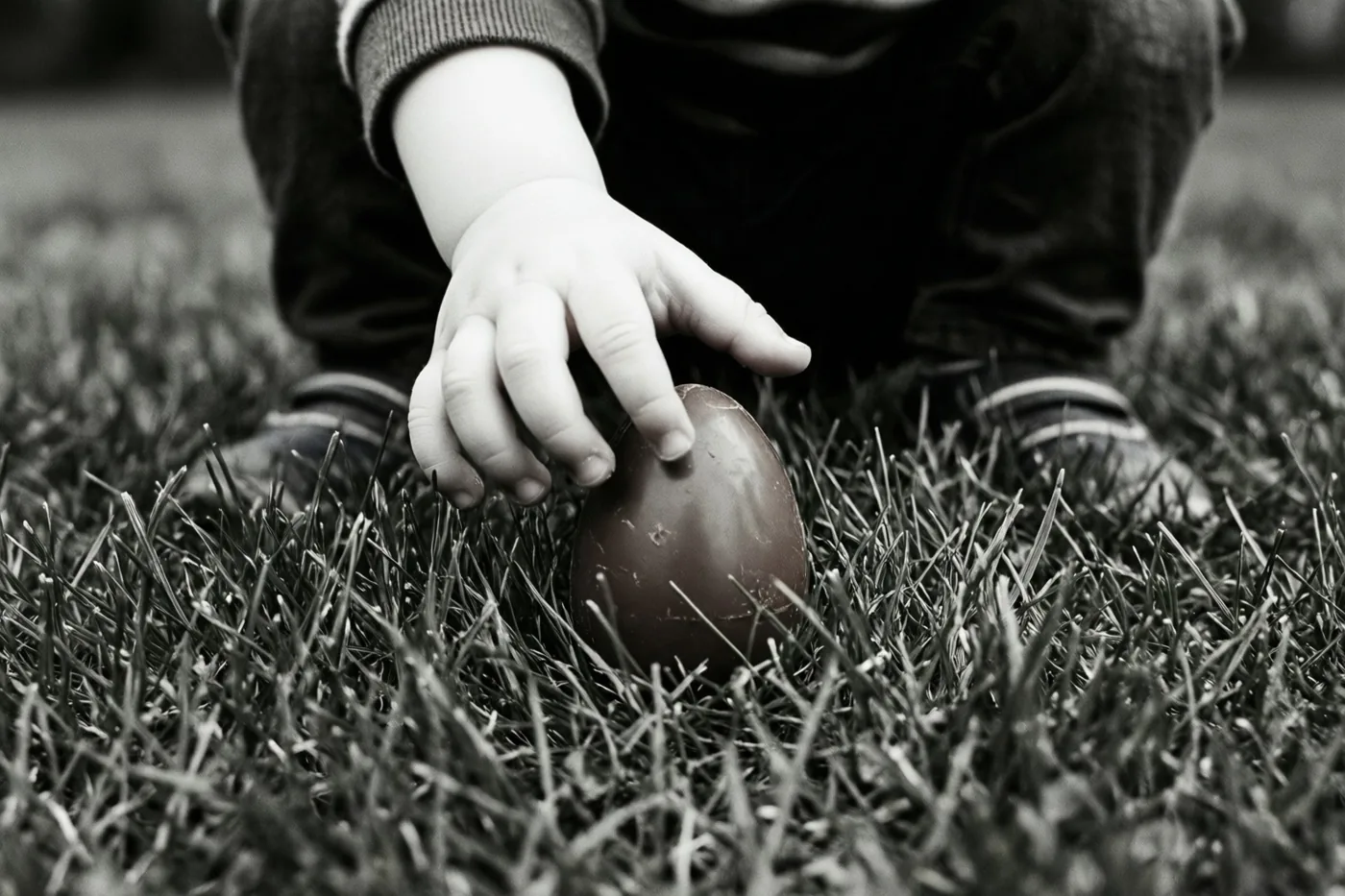 Een kinderhand reikt naar een chocolade-ei in het gras op een zwart-witfoto.
