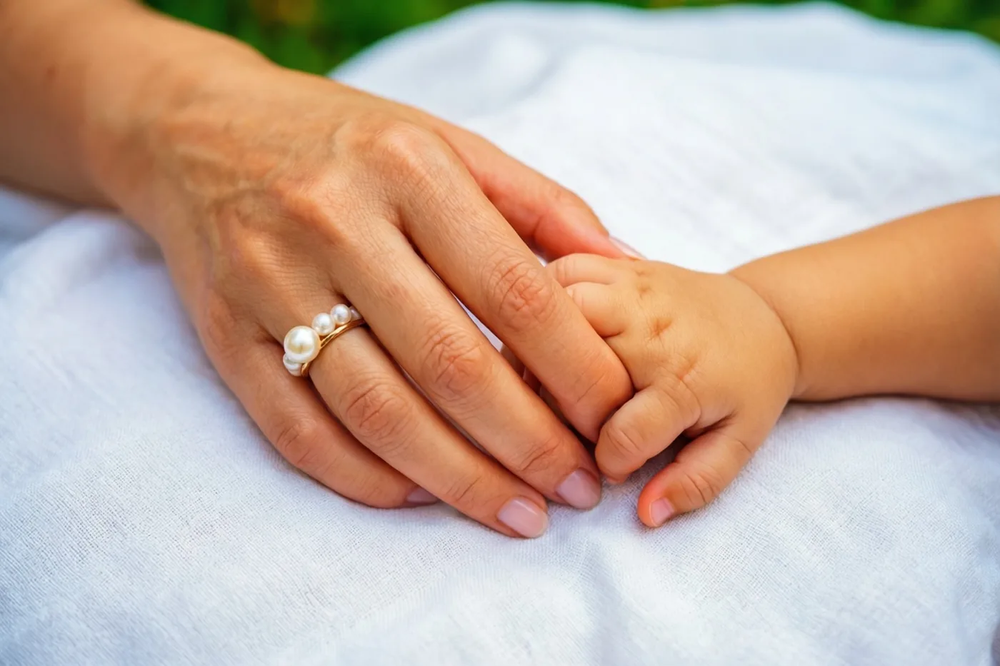 Een volwassen hand met een parelring houdt zacht een kleine kinderhand vast op wit linnen, in natuurlijk buitenlicht.