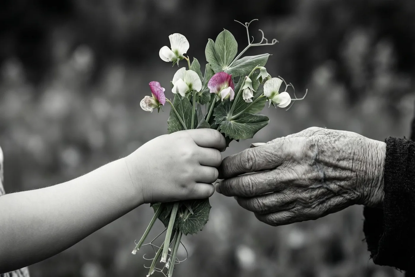 Een kinderhand biedt een gerimpelde hand een boeket reukerwten aan, met alleen de bloemen in kleur in een verder zwart-witbeeld.
