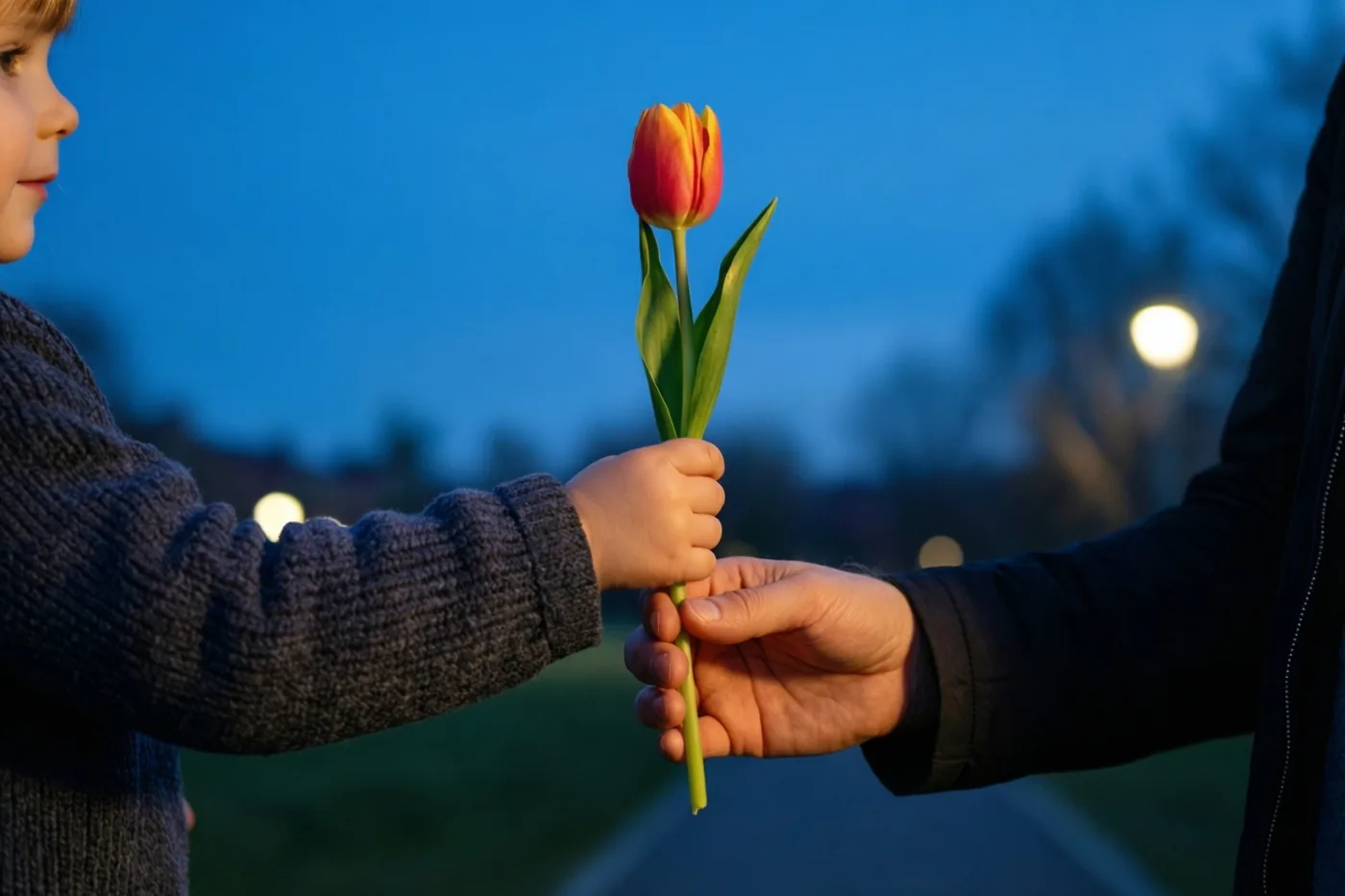 Een kleine kinderhand biedt een oranjerode tulp aan een volwassen hand aan, tegen een blauwe schemerlucht met onscherpe straatlichten.