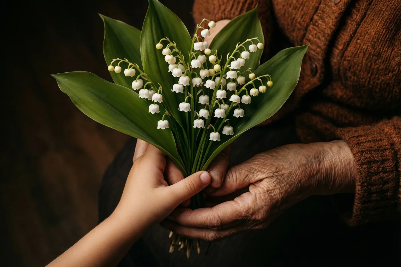Een kleine kinderhand geeft een boeketje witte meiklokjes aan een gerimpelde hand van een oudere persoon, tegen een donkere achtergrond met de warme bruine tinten van een trui.