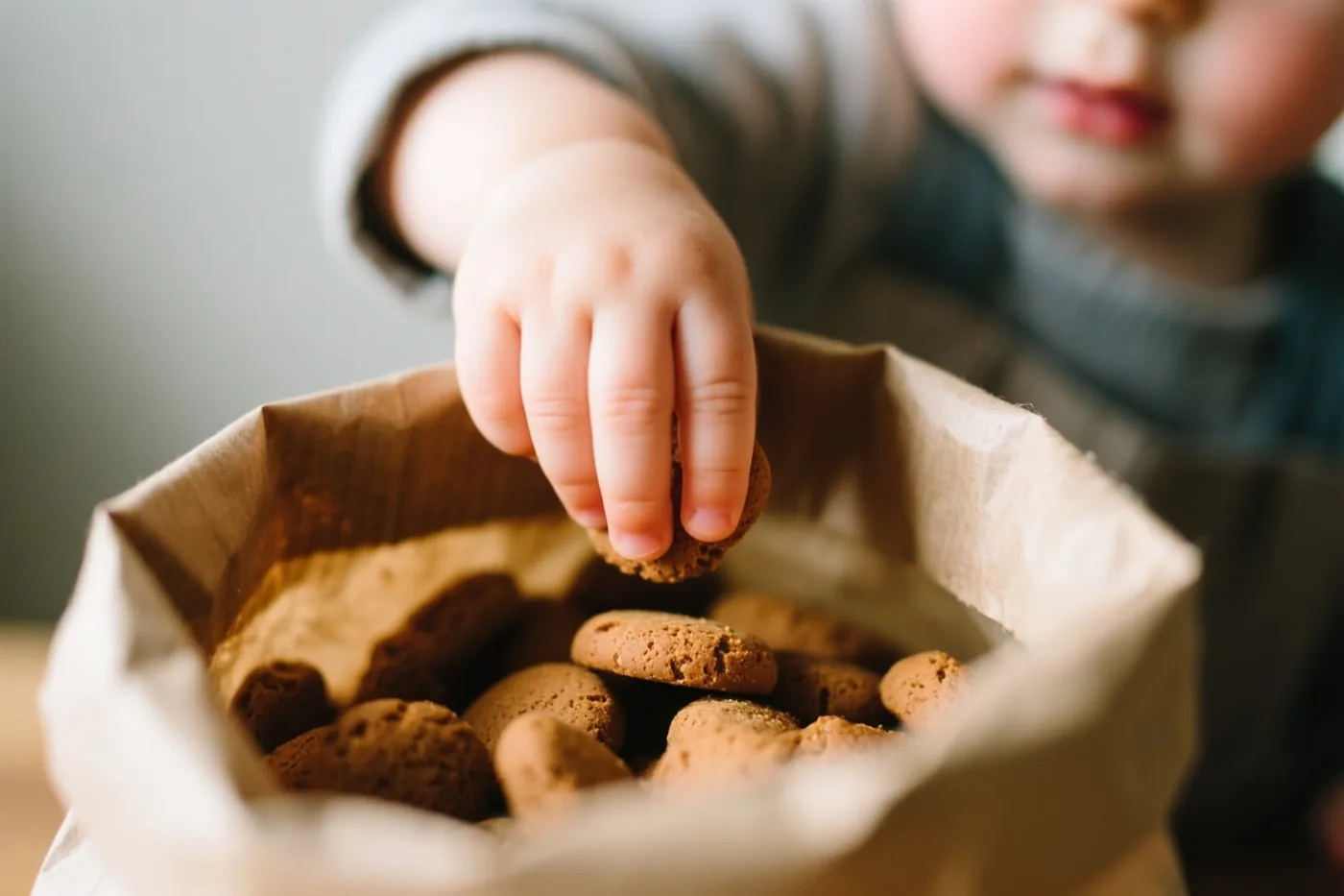 Een kinderhand reikt in een papieren zak vol bruine pepernoten, in zacht warm licht.