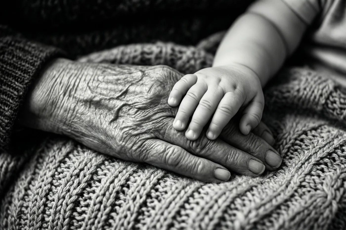 Een zwart-witfoto toont een kinderhand op een gerimpelde hand, allebei rustend op een handgebreide deken.