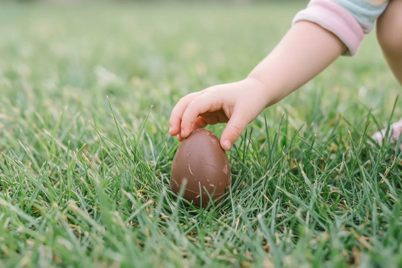 Een kinderhand reikt naar een chocolade-ei in groen gras bij daglicht, met een onscherpe achtergrond.