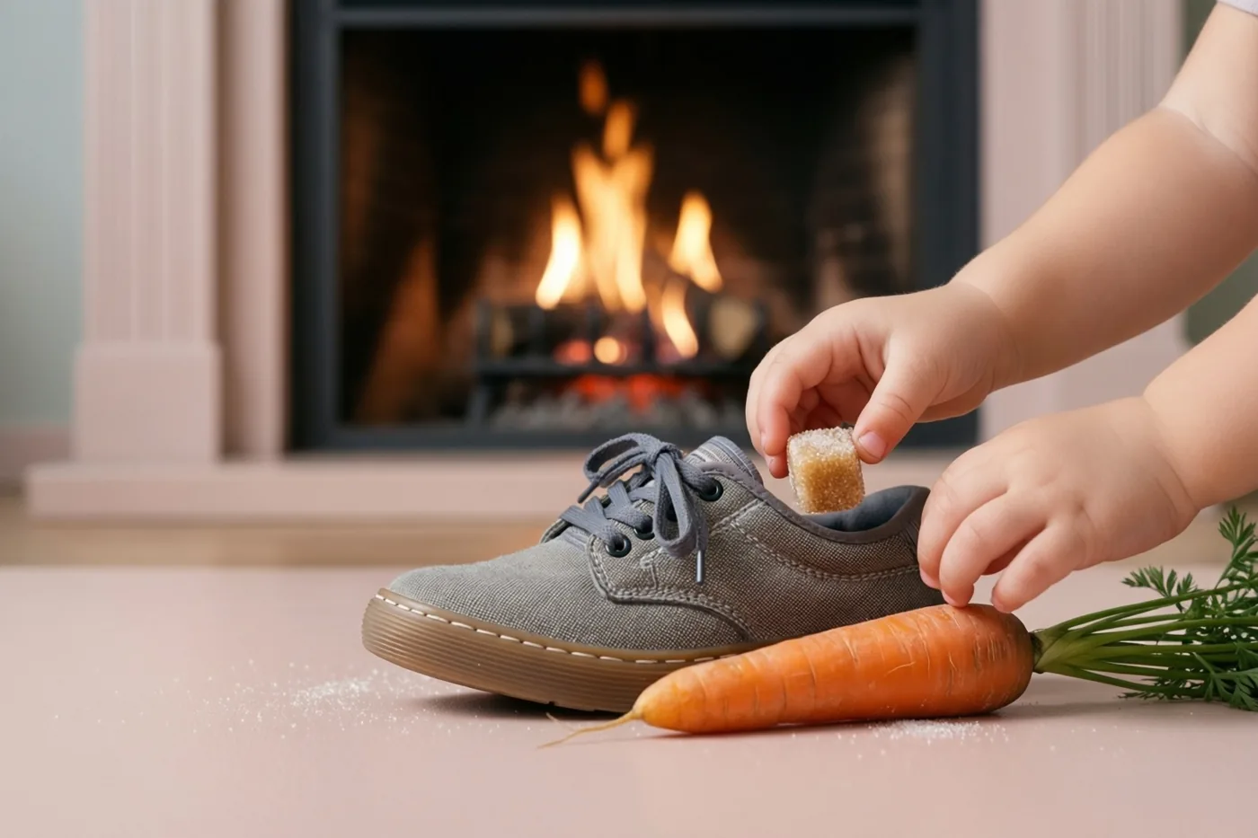 Kinderhanden leggen een suikerklontje in een grijze schoen naast een wortel, met een brandende haard op de achtergrond en zachte roze, grijze en oranje tinten.