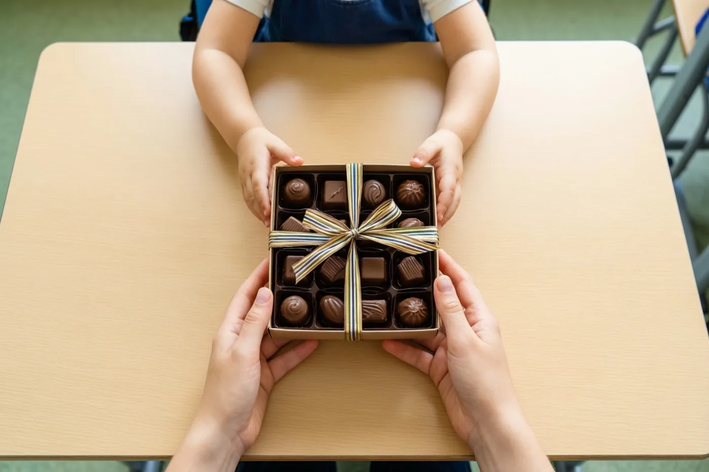 Kinderhanden bieden over een schoolbank een doosje pralines met een lint aan volwassen handen aan, in een klaslokaal met lichte houttinten en een groene vloer.