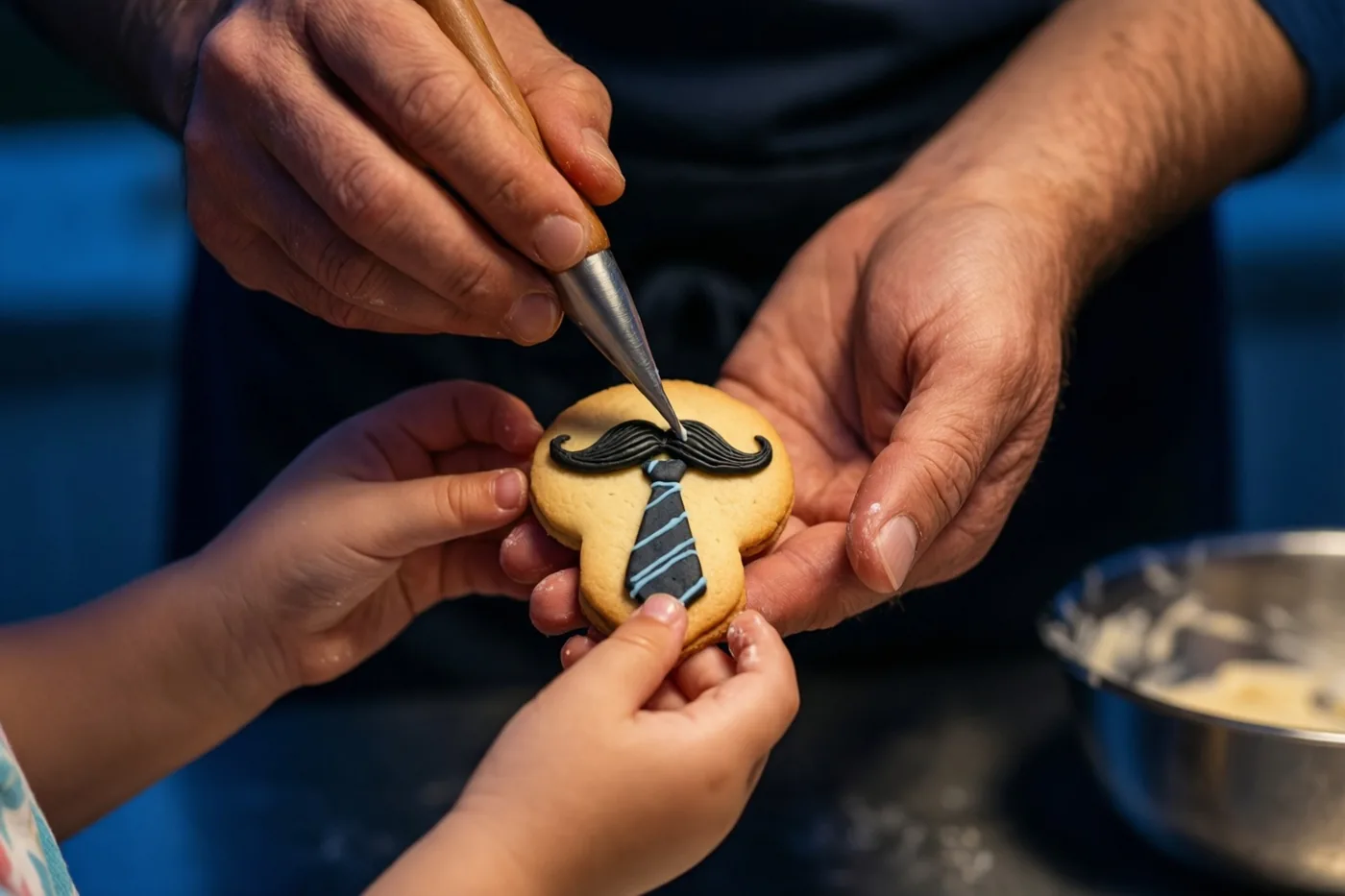 Volwassen handen versieren een hartvormig koekje met een snor en een das terwijl kinderhanden het vasthouden in een warm verlichte keuken.