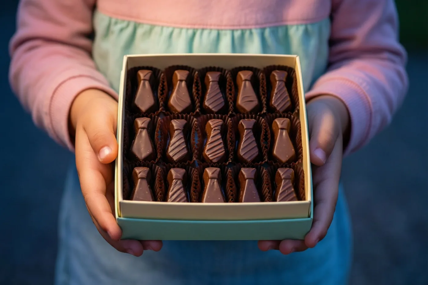 Kinderhanden houden een geschenkdoos met pralines in de vorm van dasjes vast tegen een donkerblauwe achtergrond, met roze en lichtgroene kinderkleding in beeld.