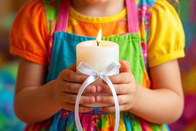 Kinderhanden houden een brandende witte kaars met een wit lint vast tegen een onscherpe achtergrond in oranje, geel en blauwgroen.
