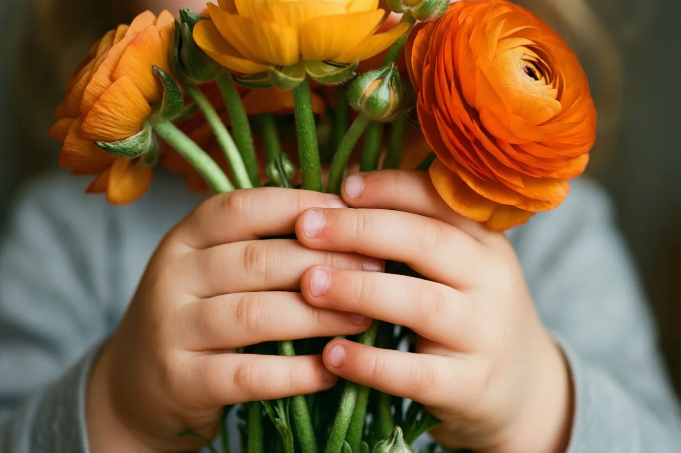 Kinderhanden houden de groene stelen van een klein boeket oranje ranonkels vast tegen een zacht onscherpe achtergrond.