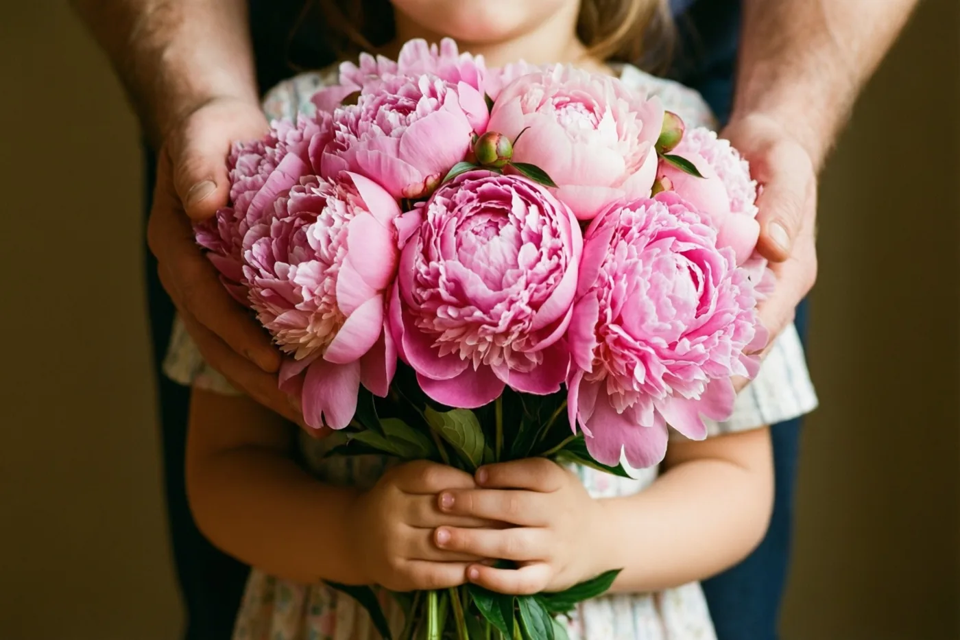 Kleine kinderhanden houden een groot boeket roze pioenen vast, zacht ondersteund door grotere handen tegen een warme, gedempte achtergrond.