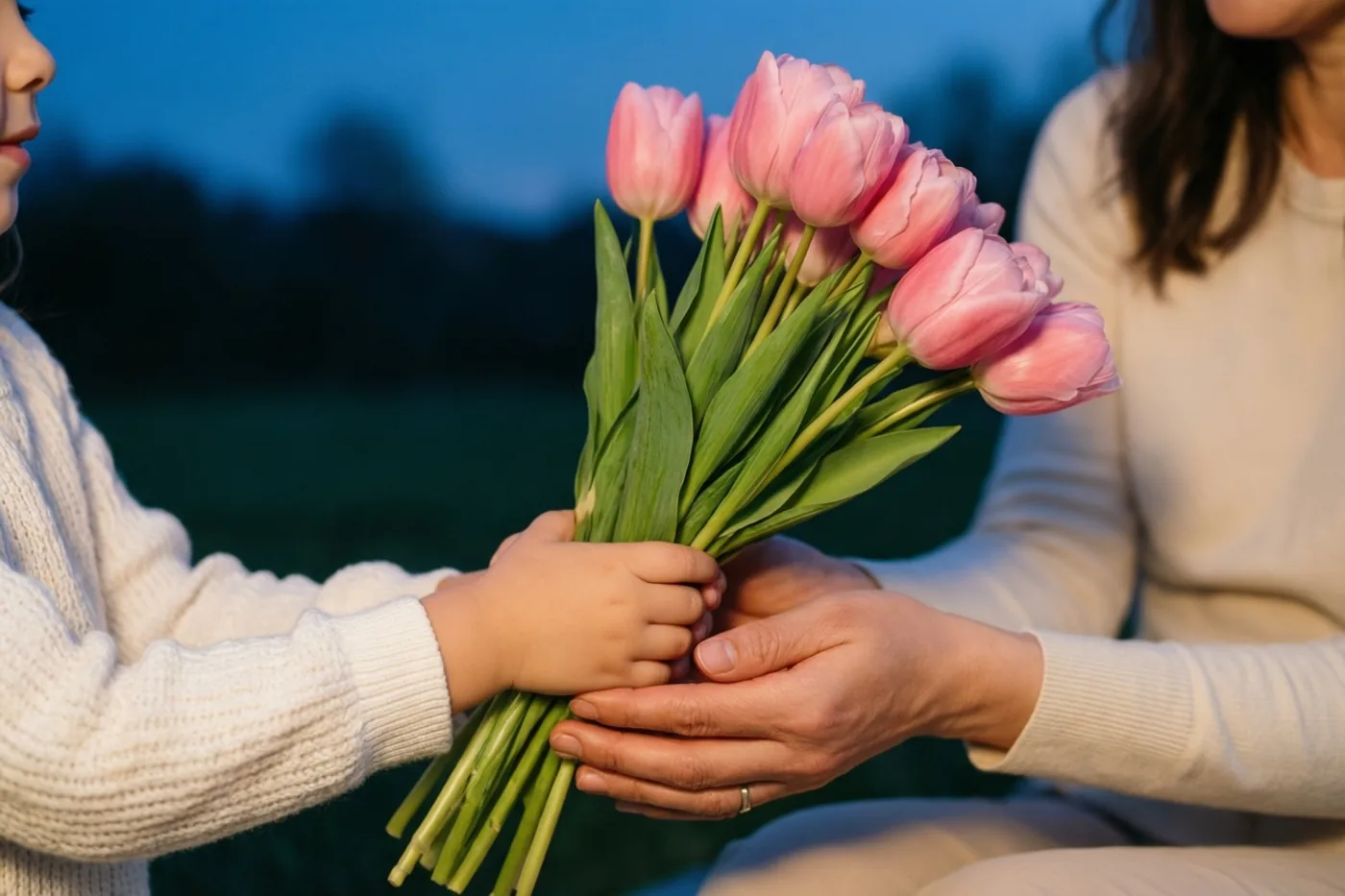 Kleine kinderhanden bieden een boeket roze tulpen aan de handen van een moeder aan, tegen een schemerblauwe hemel.