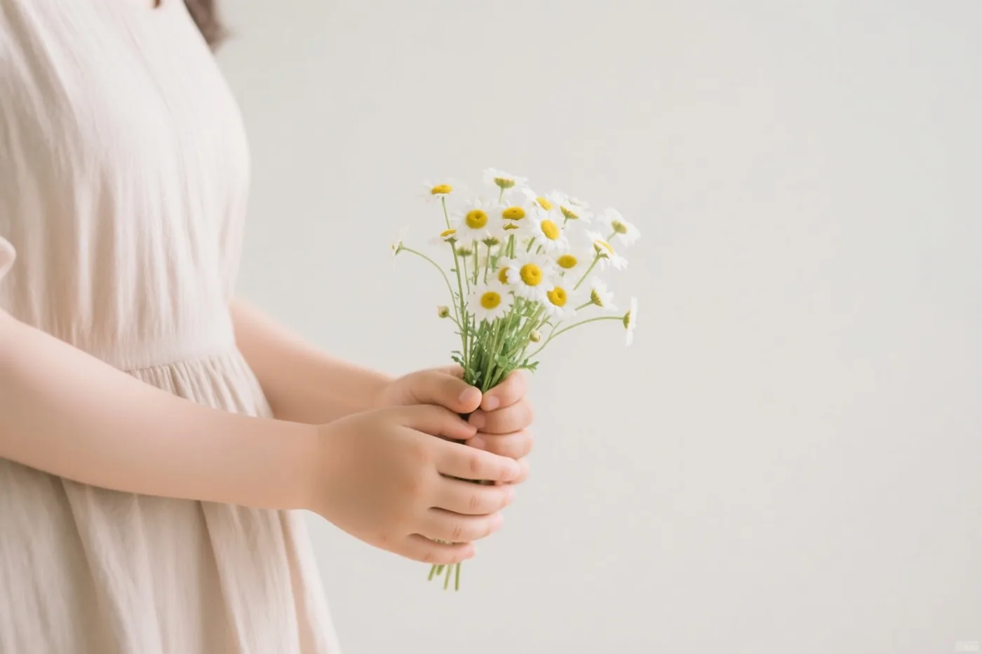 Kinderhanden houden een klein boeketje witte madeliefjes met gele hartjes vast tegen een effen, lichte achtergrond.