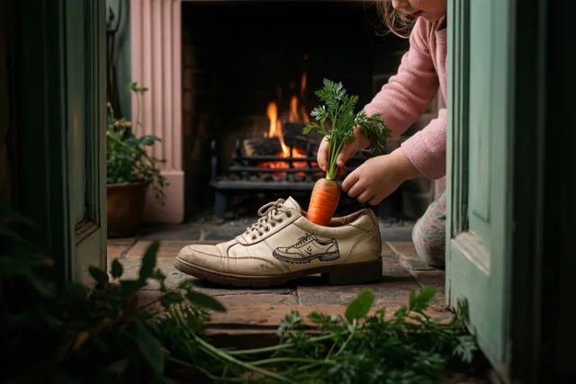 Kinderhanden duwen een wortel in een beige schoen bij een brandende haard, met groen op de voorgrond.