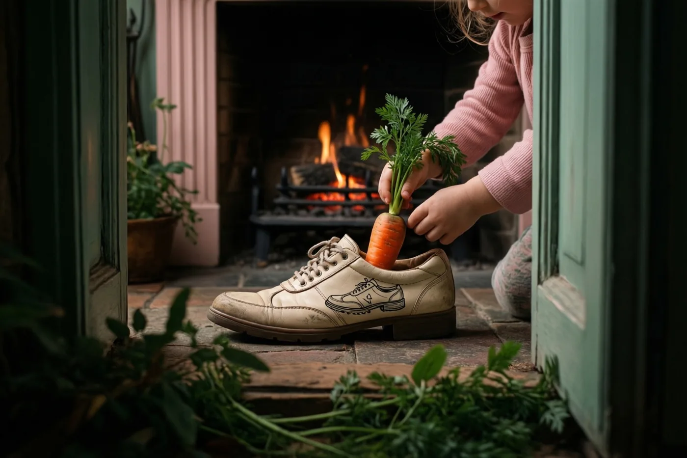 Kinderhanden duwen een wortel in een beige schoen bij een brandende haard, met groen op de voorgrond.