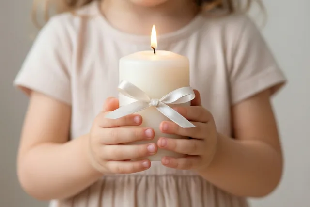 Kinderhanden houden een brandende witte kaars met een wit lint vast tegen een effen achtergrond in zacht licht.