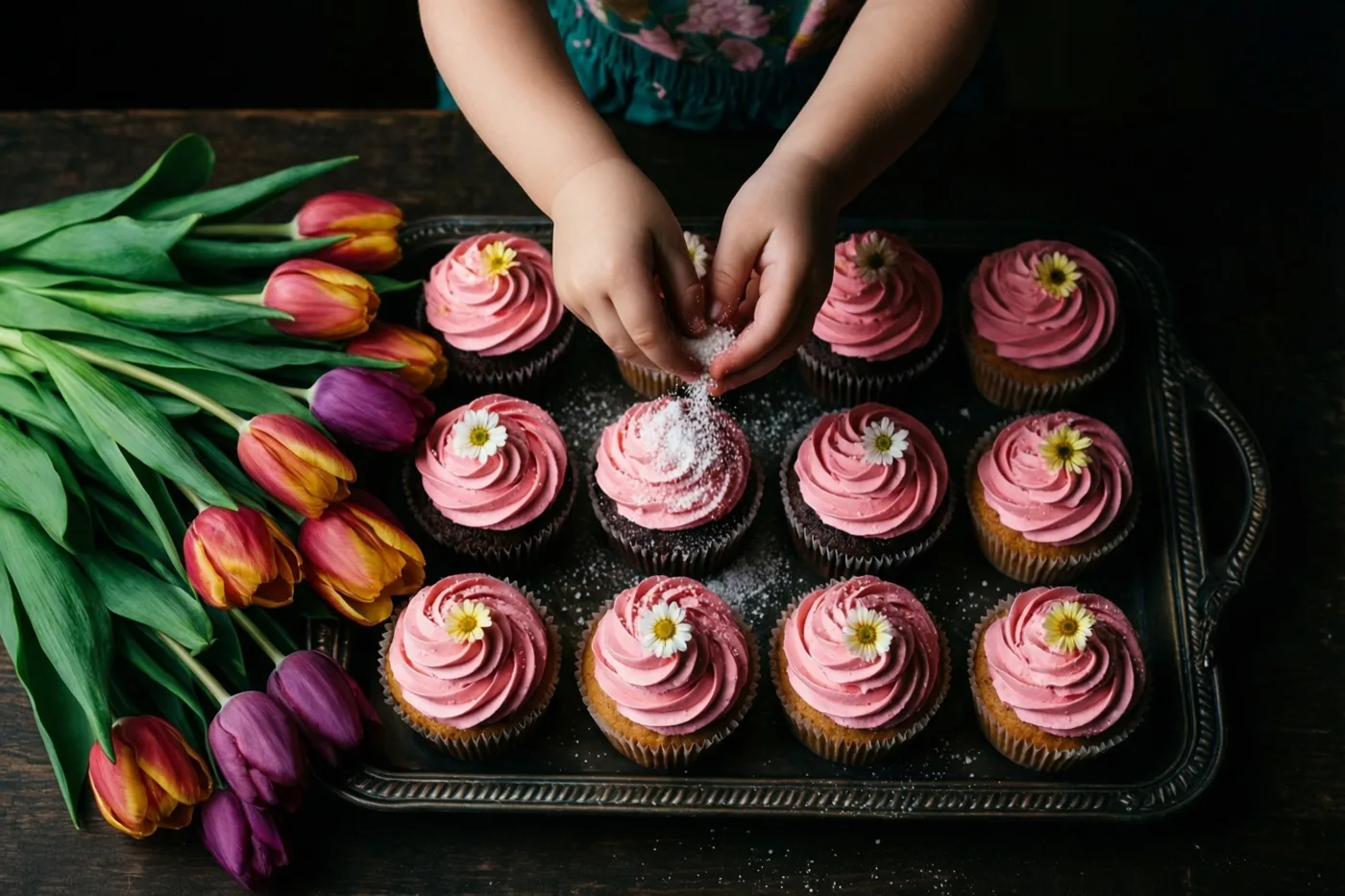 Kinderhanden strooien bloemsuiker over cupcakes met roze glazuur op een donker dienblad, naast een kleurrijk boeket tulpen op een donkerhouten ondergrond.