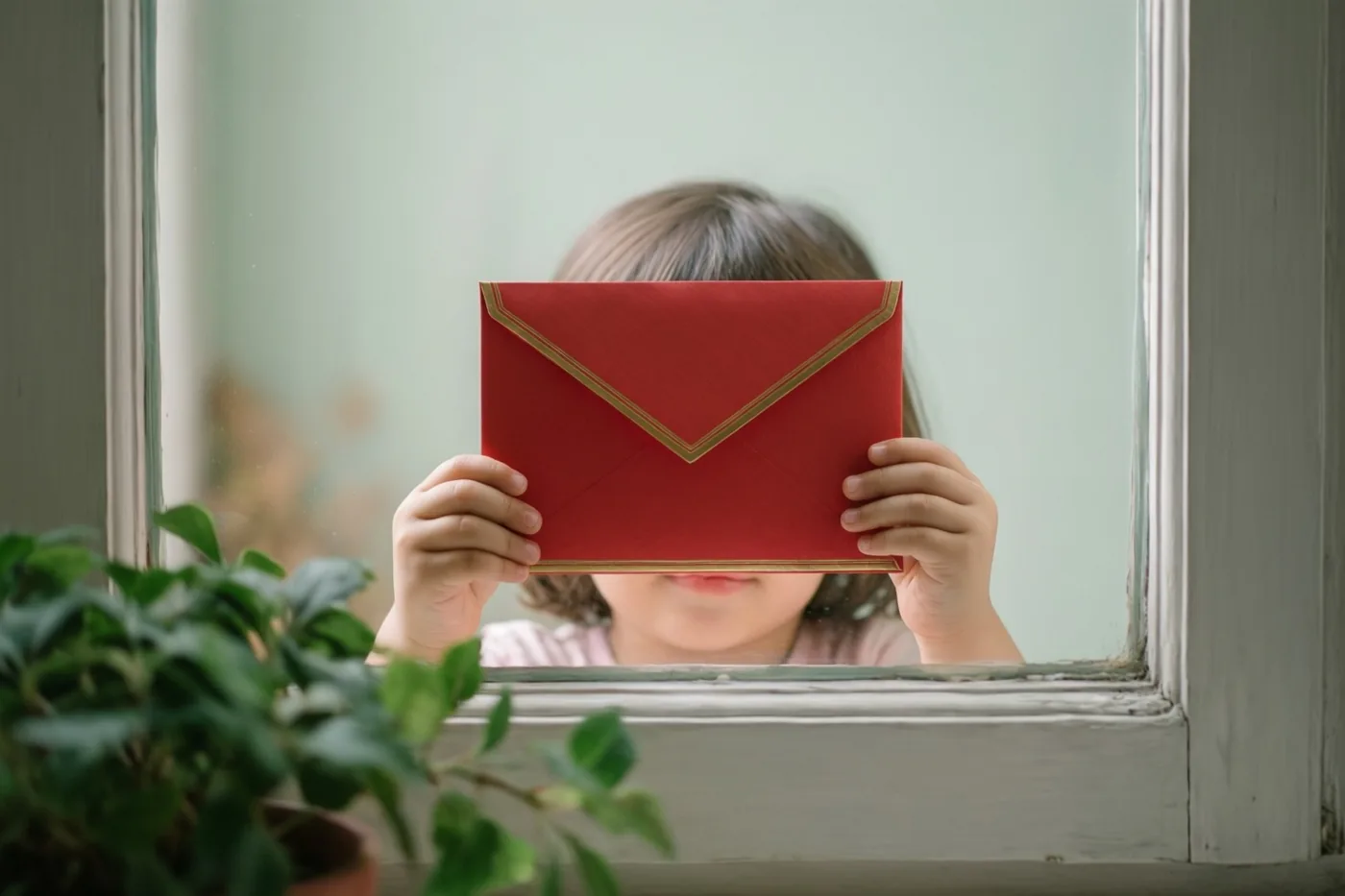 Door een raamkozijn zijn kinderhandjes te zien die een rode envelop met een gouden rand vasthouden, met een groene plant op de voorgrond.