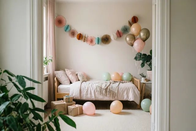 Een kinderkamer in pastelroze, mintgroen en beige is versierd met een papieren slinger, ballonnen op het bed en ingepakte cadeaus op de vloer.