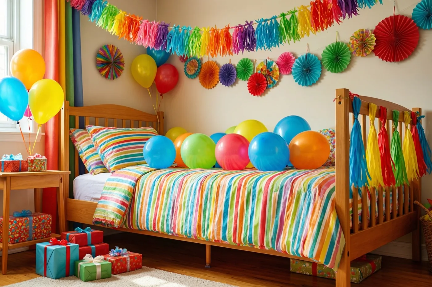 Een kinderkamer is versierd met kleurrijke papieren slingers, ballonnen op het bed en ingepakte cadeaus op de vloer in alle kleuren van de regenboog.