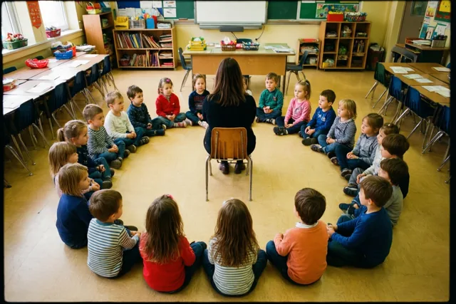 Van bovenaf zie je kleine kinderen in een kring op een houten klasvloer, gericht naar een lege houten stoel, met lesmateriaal op de achtergrond.