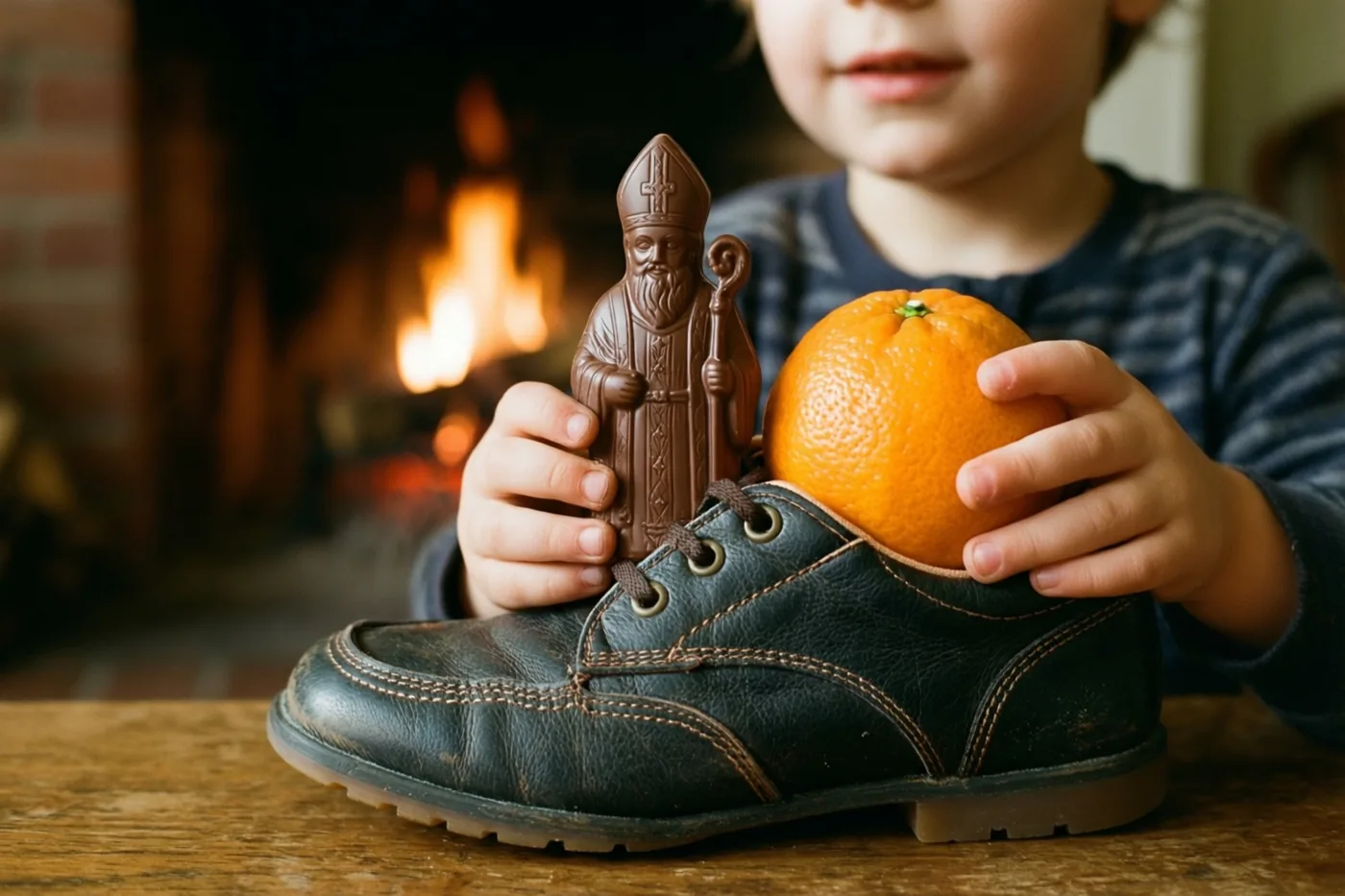 Een donkere leren kinderschoen met een chocoladefiguur van Sinterklaas en een oranje mandarijn staat op een houten oppervlak bij een brandende haard.