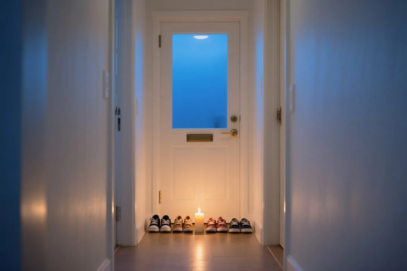 In een gang staan kinderschoenen netjes naast een witte voordeur met blauwgetint glas, verlicht door één brandende kaars op de vloer.