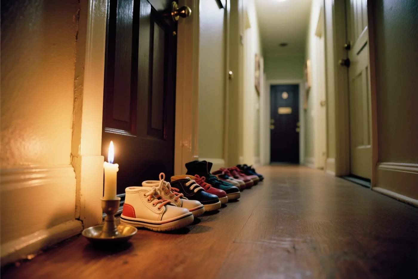 Een rij kinderschoenen staat op een houten gangvloer naast de voordeur, met een brandende kaars in een messing houder in gedempte groene en bruine tinten.