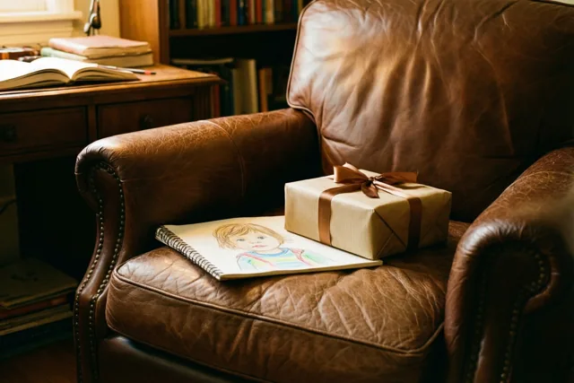 Een kindertekening van een persoon en een ingepakt cadeau liggen op een bruine leren zetel in een warm verlichte studeerkamer met houten meubels en boekenkasten.