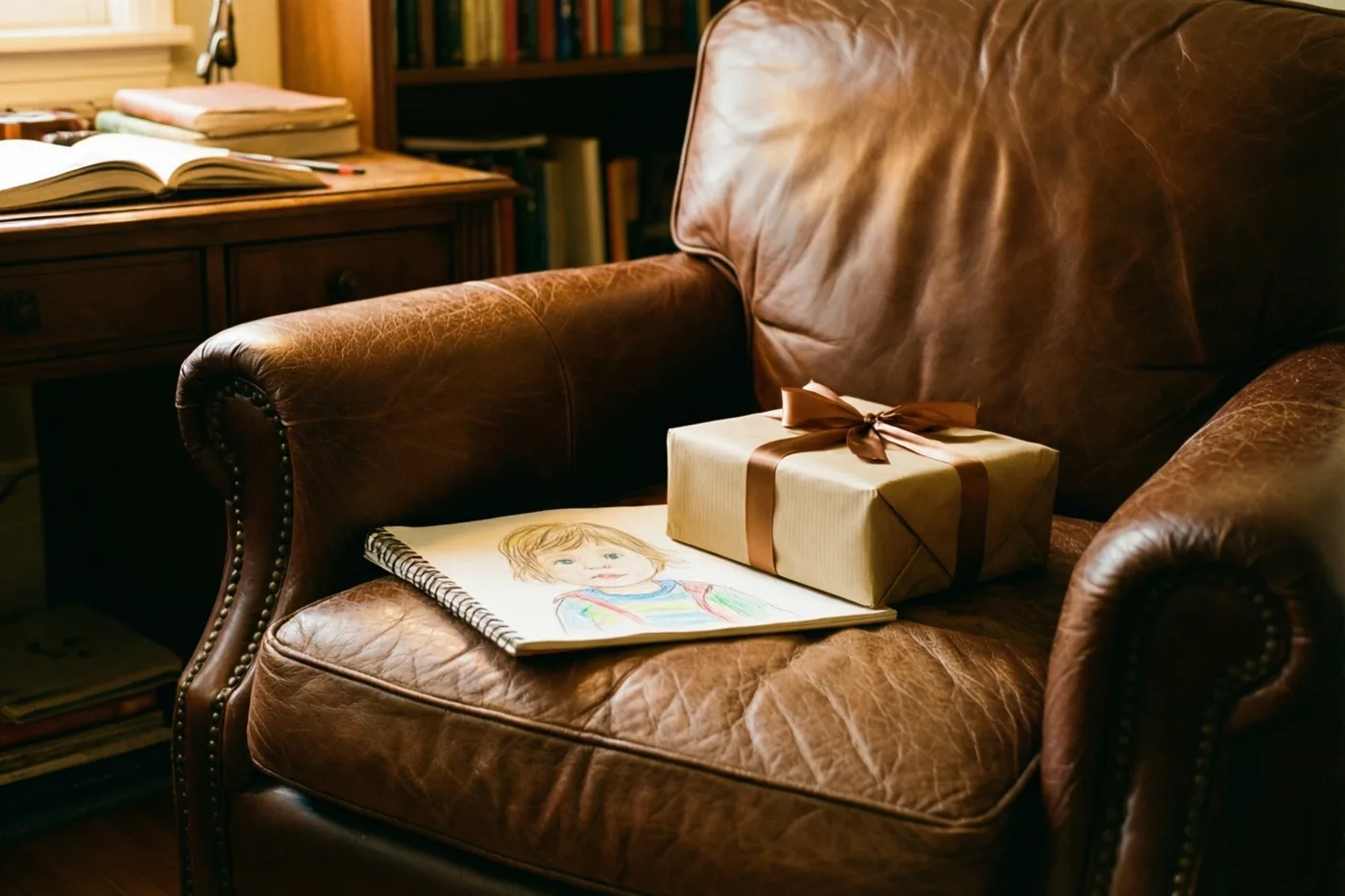 Een kindertekening van een persoon en een ingepakt cadeau liggen op een bruine leren zetel in een warm verlichte studeerkamer met houten meubels en boekenkasten.