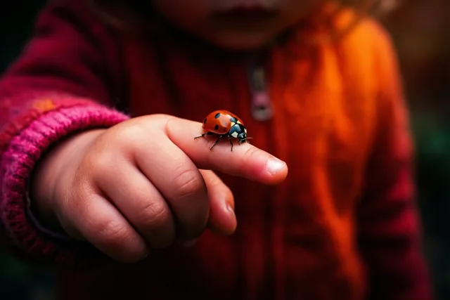 Een lieveheersbeestje zit op de vingertop van een klein kind dat een rood-oranje jas draagt.