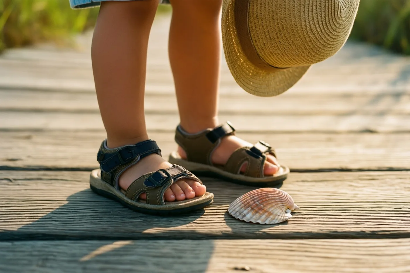 Een close-up toont kindervoeten in sandalen op een houten wandelpad, met een zonnehoed die vlakbij hangt en een schelp op de planken in goudkleurig zonlicht.