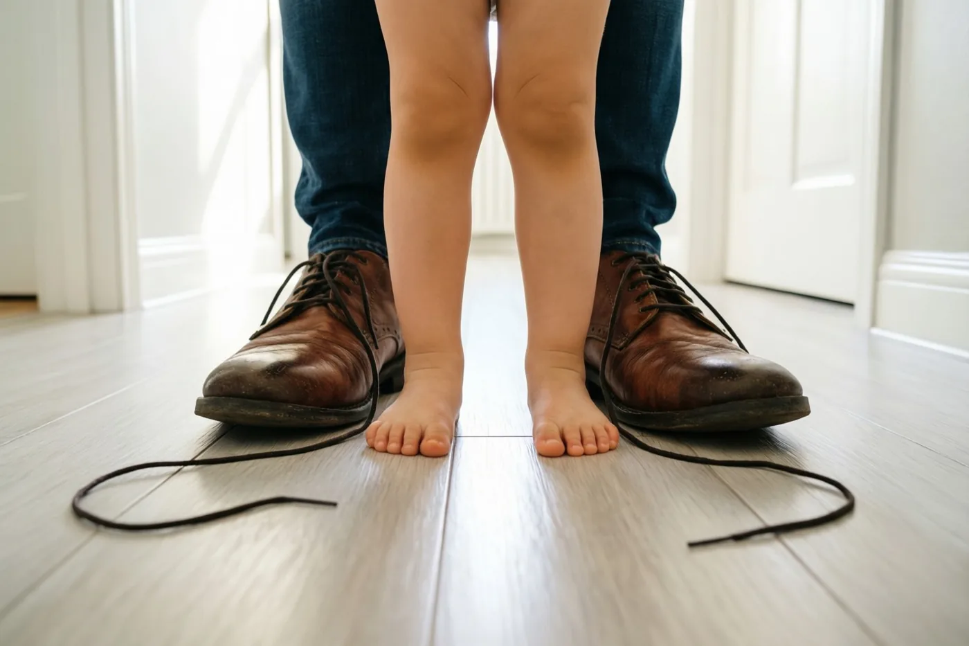 Blote kindervoeten staan tussen grote bruine leren schoenen van een vader, met losse veters op een lichte houten vloer in een hal met witte deuren.