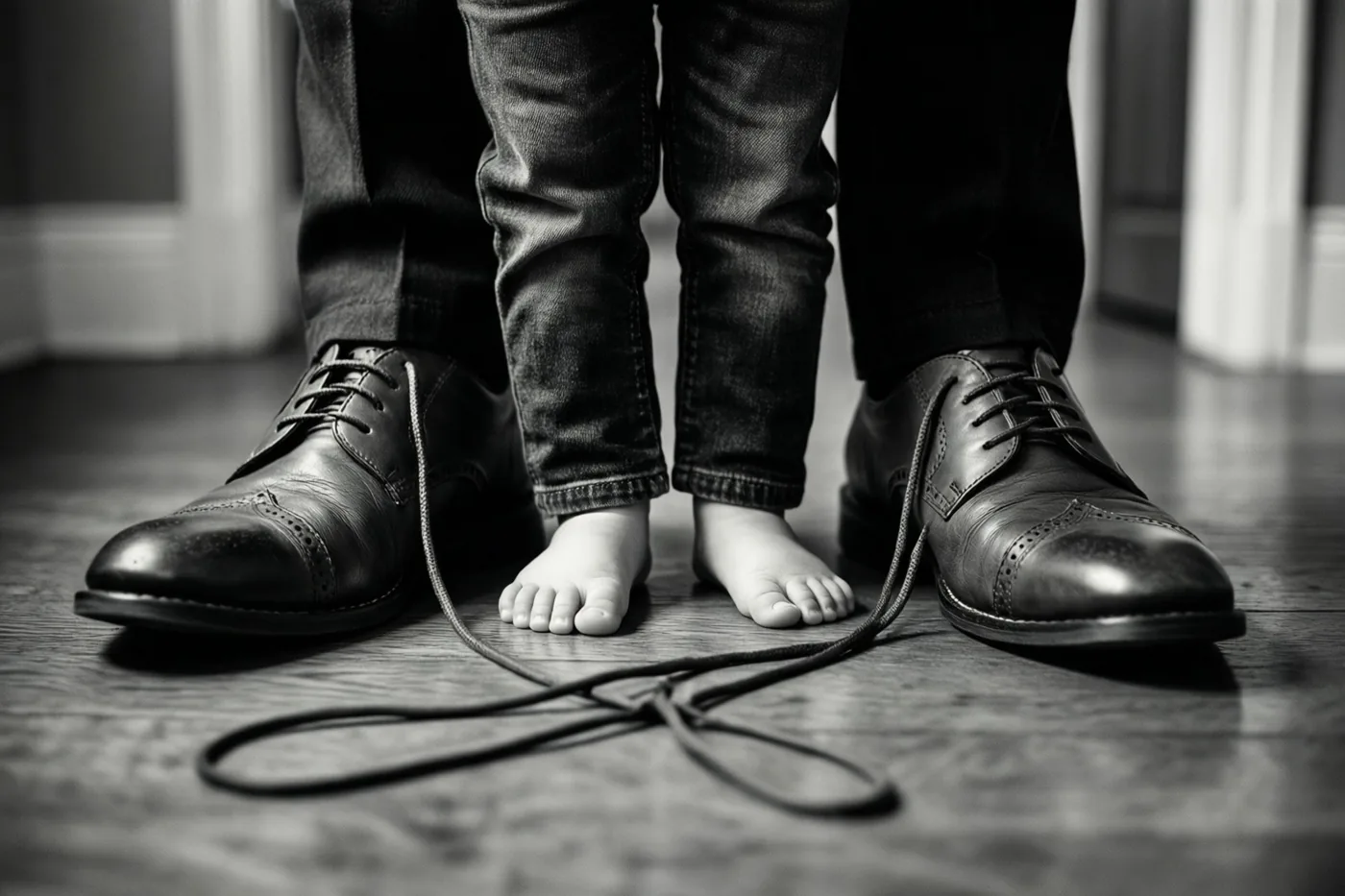 Op een zwart-witfoto staan blote kindervoeten tussen grote leren schoenen van een vader, met losse veters over de houten vloer.