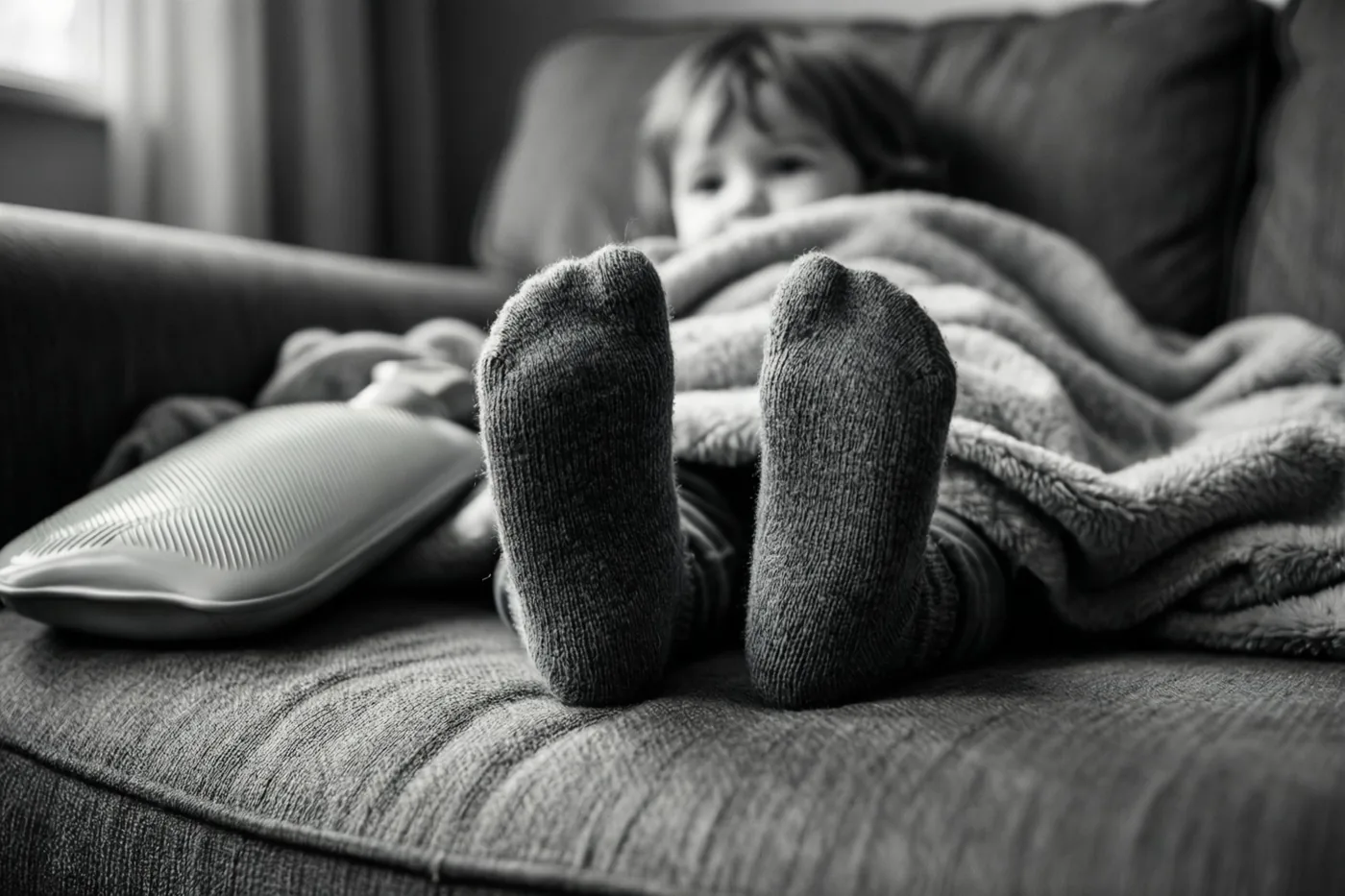 Kleine kindervoeten in wollige sokken steken vanonder een deken op een zetel uit, naast een warmwaterkruik in een monochroom beeld.