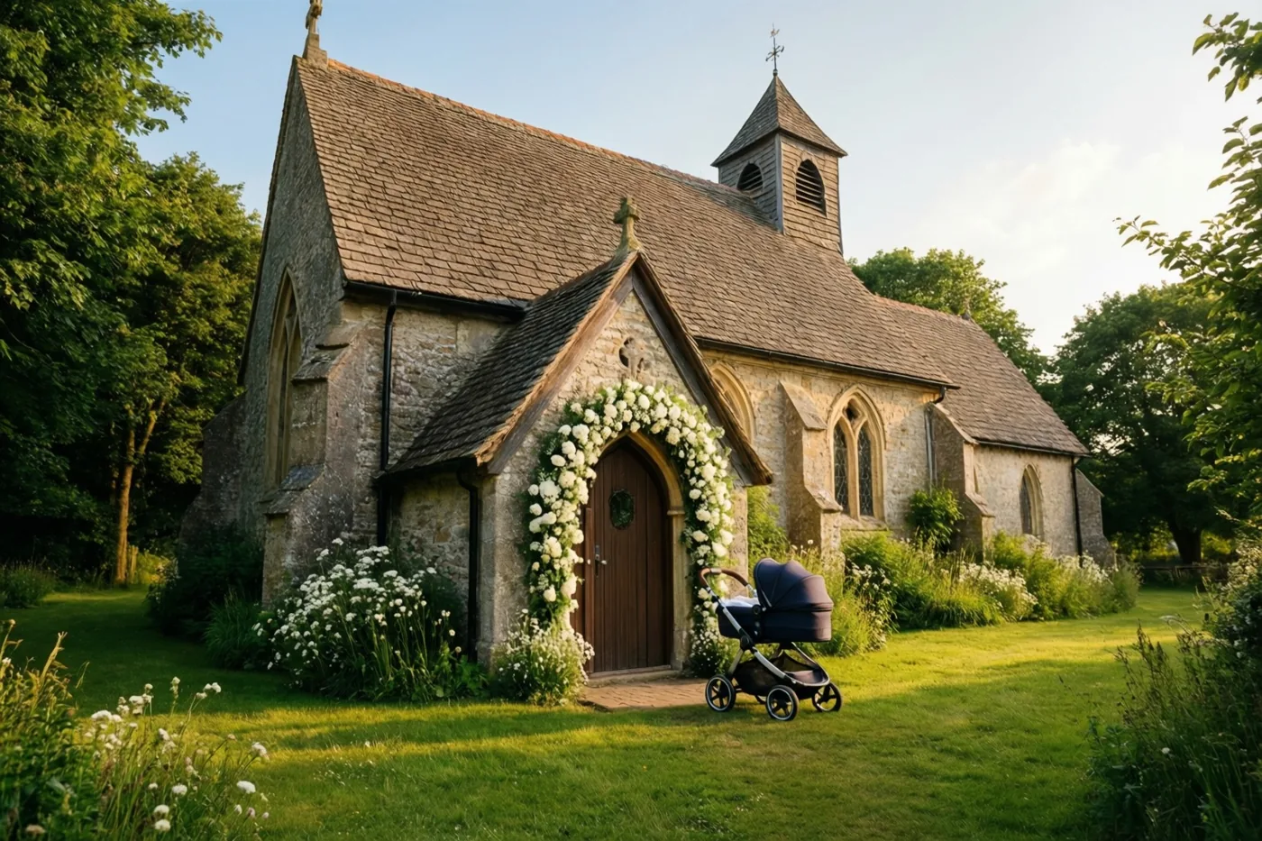 Een stenen dorpskerk staat in een groene tuin met een witte bloemenboog rond de houten deur en een donkerblauwe kinderwagen ernaast.