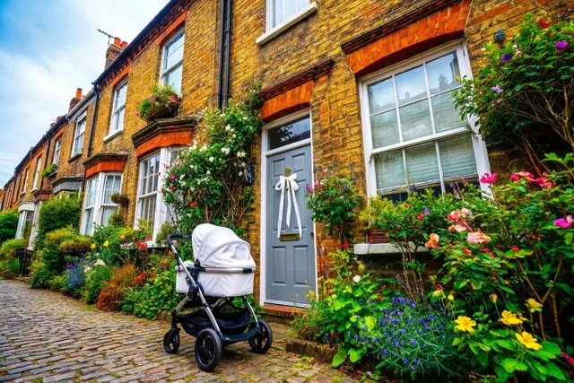 Een witte kinderwagen staat op een kasseistraat voor een rijwoning met een grijze voordeur en een wit lint, omringd door kleurrijke bloemen en groen onder een gedeeltelijk bewolkte hemel.