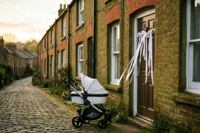 Een witte kinderwagen staat op een kasseistraat naast een rijwoning met witte linten aan de voordeur, in een rustige woonstraat met warm goudkleurig licht.