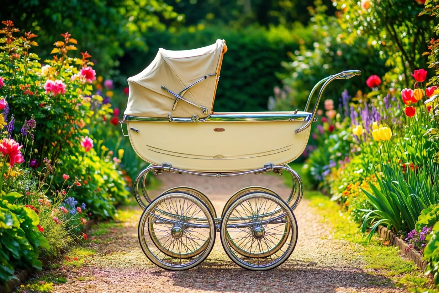 Een crèmekleurige kinderwagen uit de jaren vijftig met verchroomde wielen staat op een grindpad tussen kleurrijke bloemen en weelderig groen in fel zonlicht.