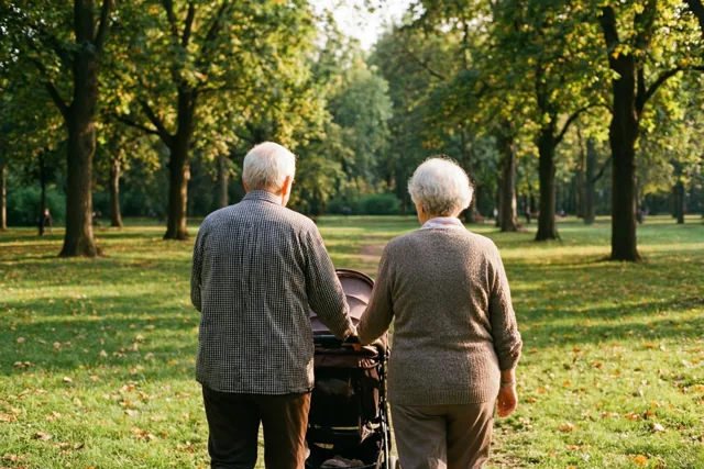 Een ouder koppel wandelt met een kinderwagen door een zonnig park met groen gras en bomen met herfstbladeren.